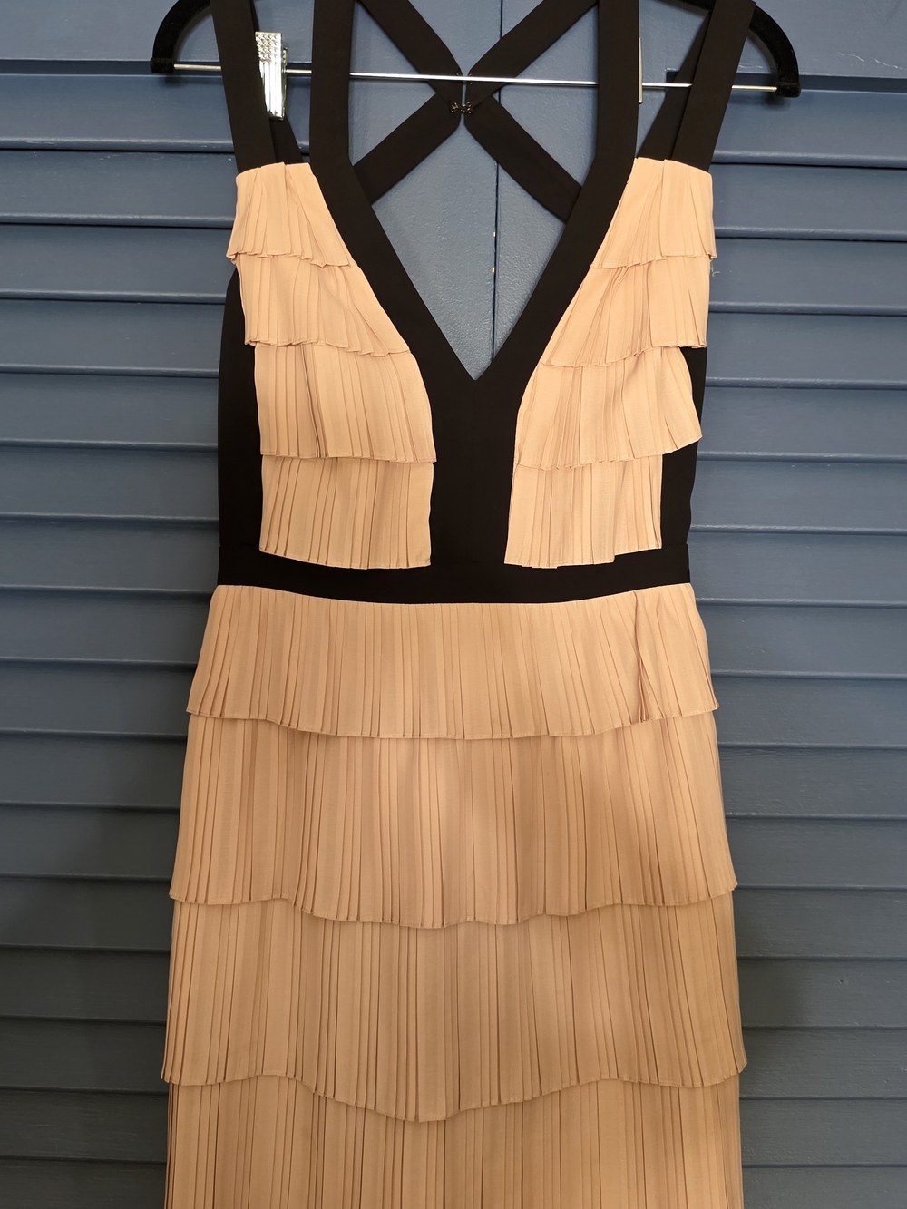 BCBGMaxAzria Peach Pleated One-Shoulder Tiered Dress with Black Trim
